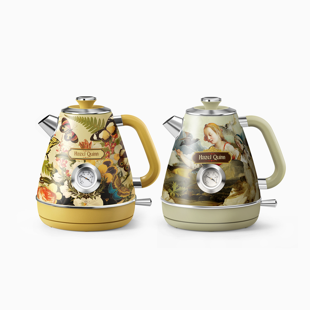 2Pcs Jointly-Designed Electric Kettles by Eduardo Recife, with Food Grade 304 Stainless Steel, Dial Thermometer, 1.7 L, Artworks Pasted by Hand (Available in UK & EU)