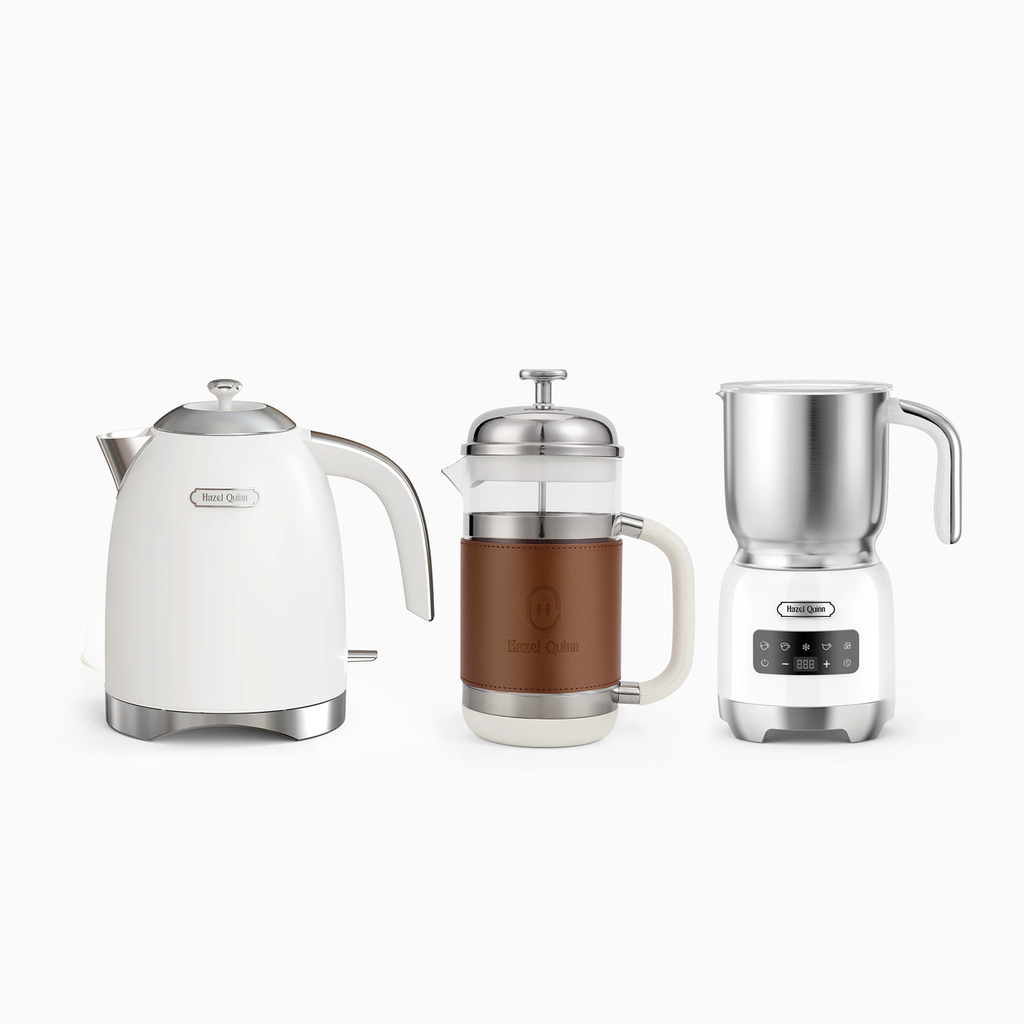 New Pearl White Electric Kettle, Milk Frother and French Press Bundle (Available in US & EU)