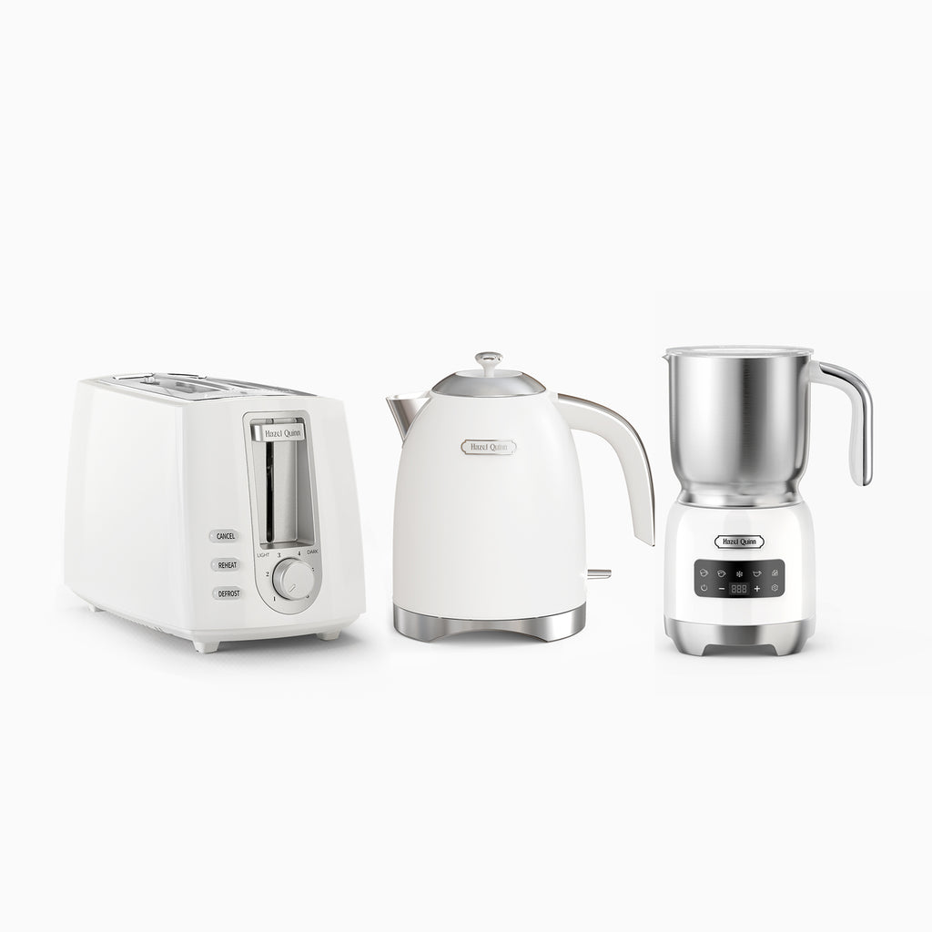 New Pearl White Electric Kettle, 2-Slice Toaster and Milk frother Bundle (Available in US)